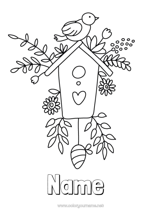 Colouring page to print Flowers Bird Spring Animal Birds And Flying Mammals Birdhouse