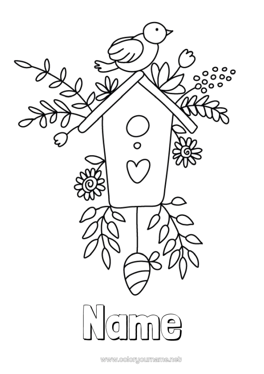 Coloring page to print Flowers Bird Spring Animal Flying birds and mammals