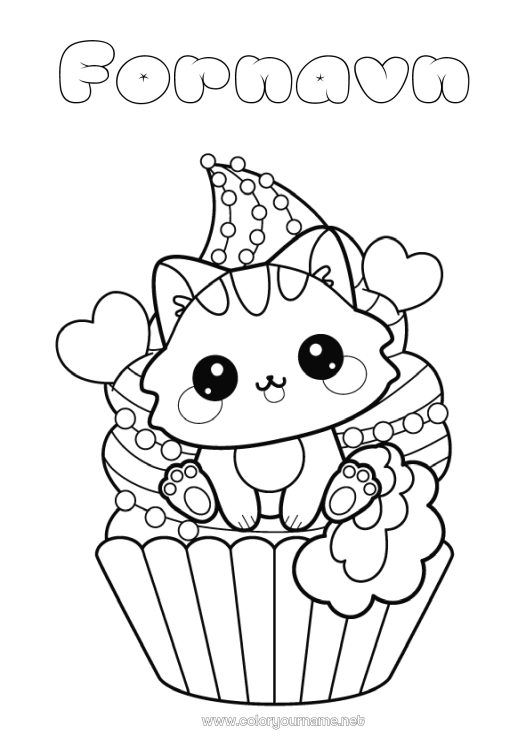 Farvelægningssiden til udskrivning Kage Kat Kawaii Muffin Hunde og katte