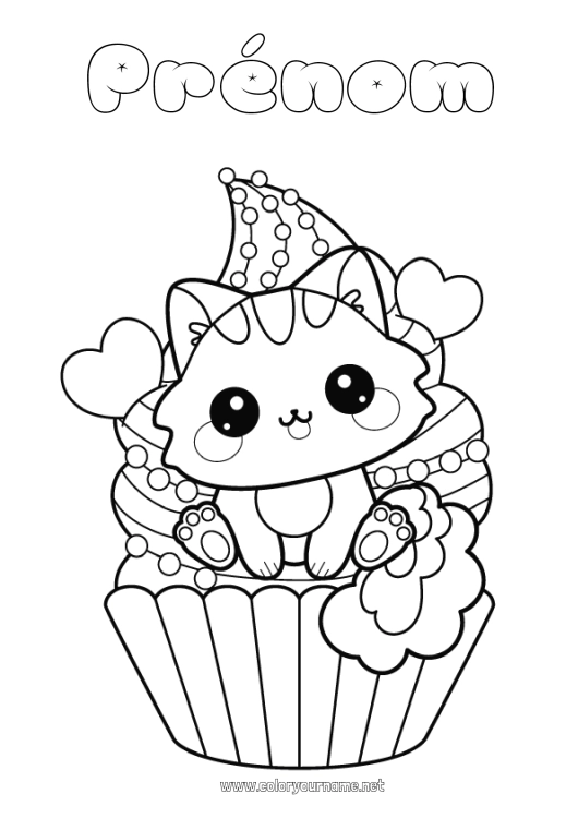 Coloriage à imprimer Gâteau Chat Kawaii Cupcake Chiens et chats