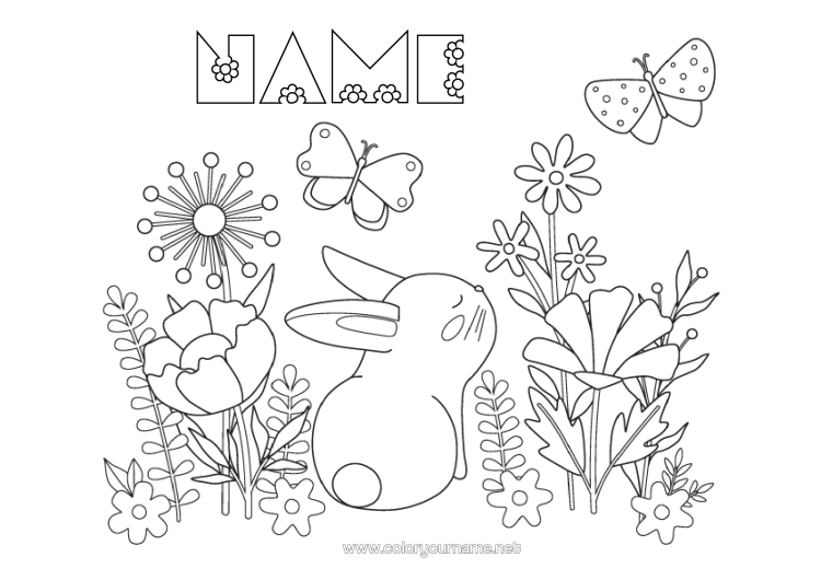 Colouring page to print Flowers Rabbit Butterfly Animal Insects Forest Animals