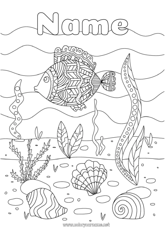 Coloring page to print Sea Fish Sea Shell Marine or aquatic animals