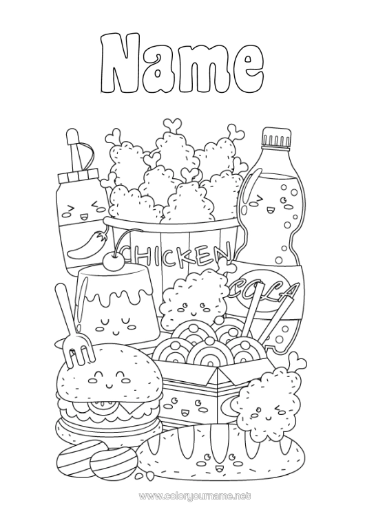 Colouring page to print Cute Food Drink Fizz Hamburger