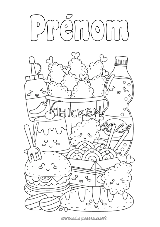 Coloriage à imprimer Kawaii Nourriture Boisson Soda Hamburger