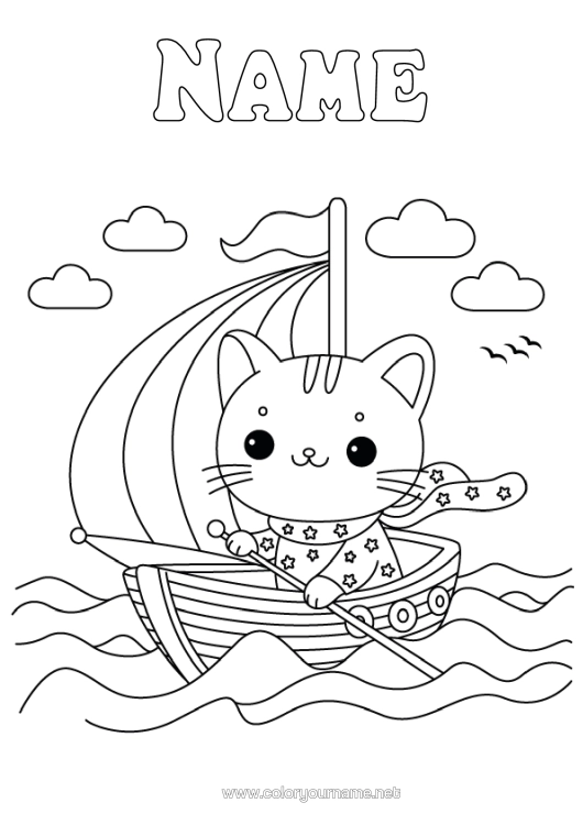 Colouring page to print Cat Sea Vehicles Boat Sailboat Dogs And Cats Marine Vehicles Waves