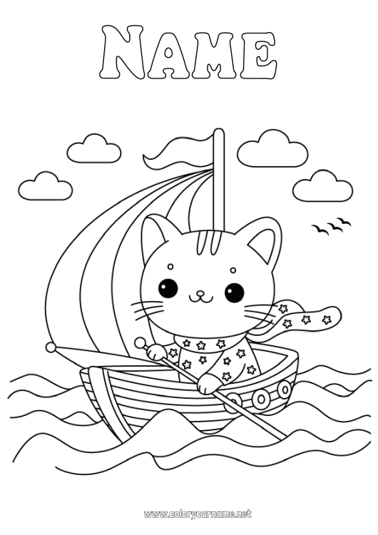 Coloring page to print Cat Sea Vehicles Boat Sailing boat Dog and cat Maritime vehicles