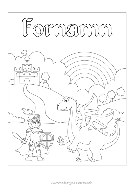 Färgläggningssida att skriva ut Slott Drake Djur Regnbåge Riddare Drakar, enhörningar och fantastiska djur Sant Jordi eller Sankt Göran