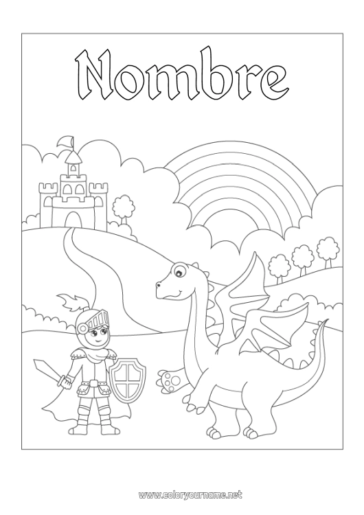 Dibujo para colorear para imprimir Castillo Dragón Arcoíris Caballero Dragones, unicornios y animales fantásticos Sant Jordi