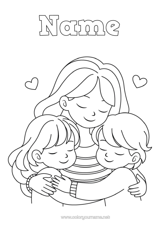 Colouring page to print Mum Girl Boy Sister Brother Family Hug