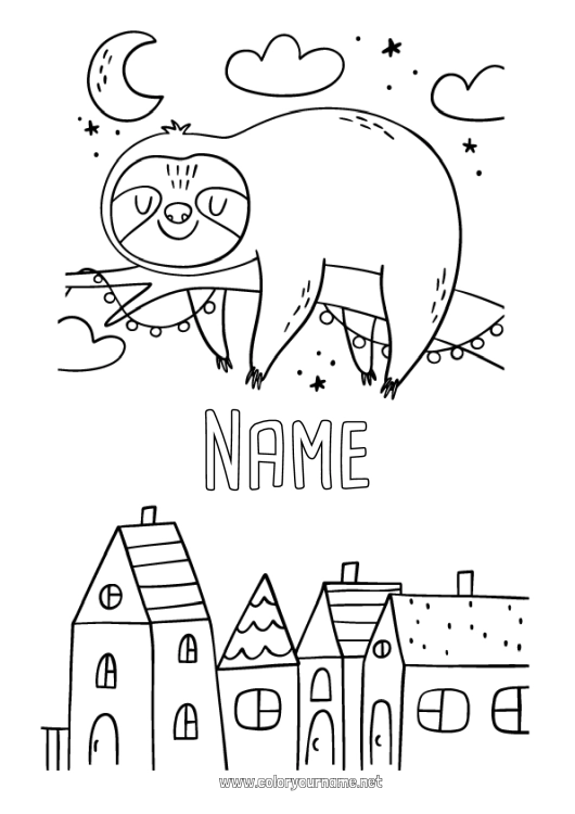 Coloring page to print Animal Moon Forest animals City ??landscape Sloth