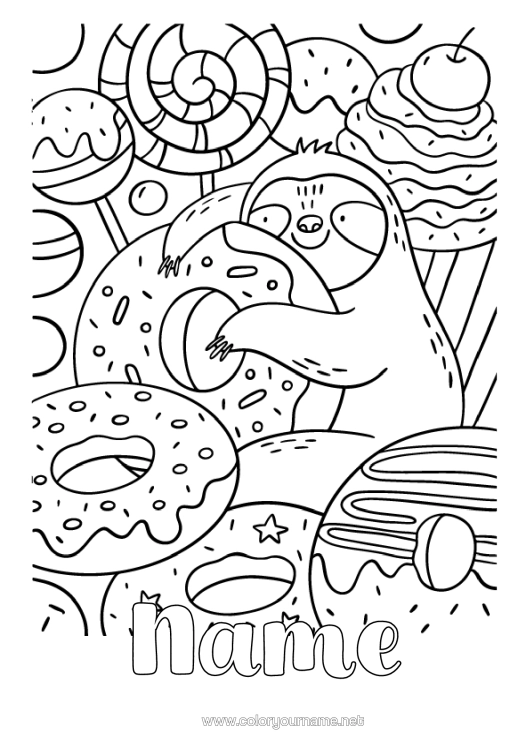 Colouring page to print Animal Doughnuts Treats, Sweets Complex Colouring Pages Forest Animals Sloth Pacifier
