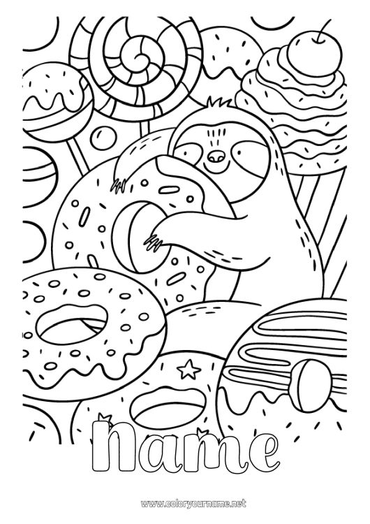 Coloring page to print Donuts Treats Complex coloring pages Forest animals Sloth Lollipop