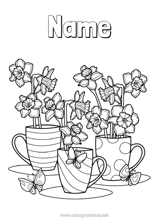 Colouring page to print Flowers Spring Mug Butterfly Daffodils Drink Insects
