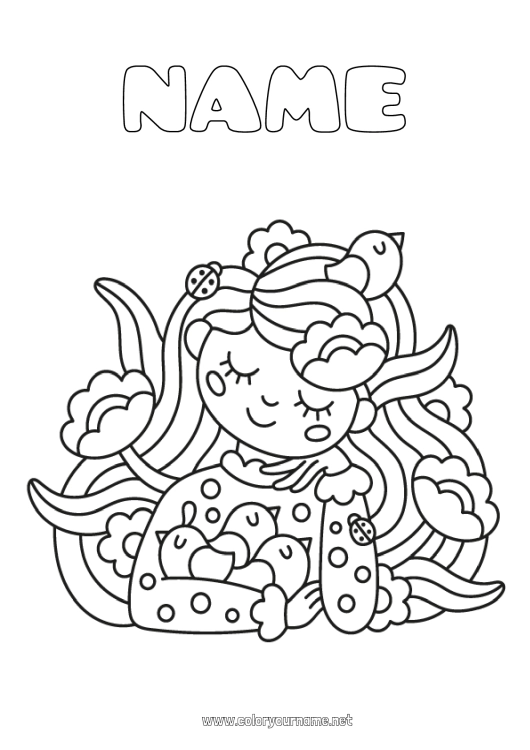 Coloring page to print Flowers Bird Girl Spring Flying birds and mammals