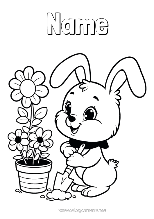 Colouring page to print Cute Flowers Spring Rabbit Animal Forest Animals