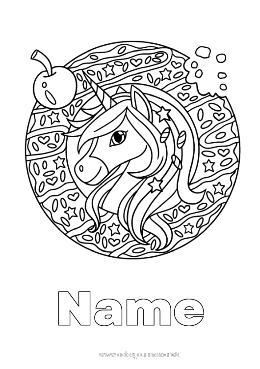 Colouring page to print Unicorn Animal Cherry Doughnuts Fruit Dragons, Unicorns, And Fantastical Creatures