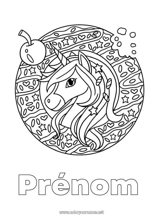 Coloriage à imprimer Licorne Cerise Donuts Fruits Dragons, licornes et animaux fantastiques