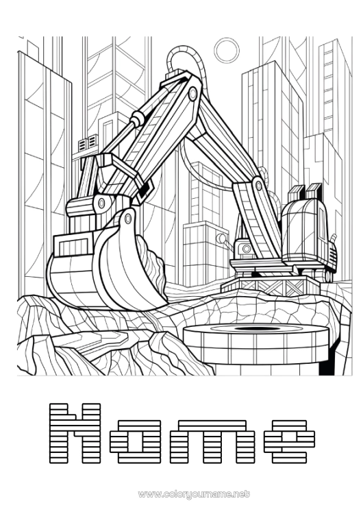 Coloring page to print Construction machinery Complex coloring pages City ??landscape Backhoe loader Construction Jobs