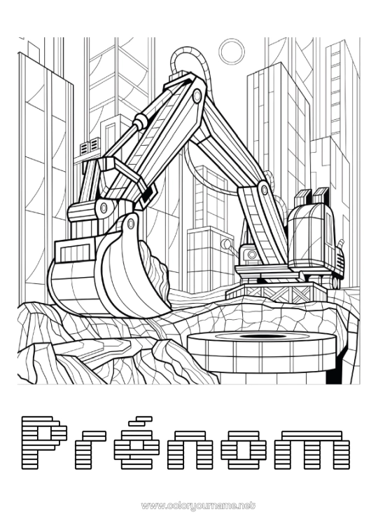 Coloriage à imprimer Engins de chantier Coloriages complexes Paysage de ville Tractopelle Métiers du chantier