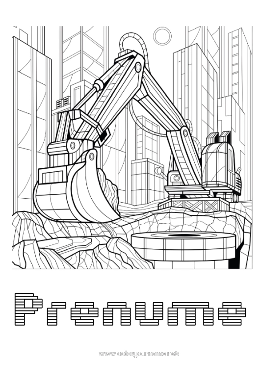 Pagină de colorat de imprimat Vehicule Utilaje de construcție Desene de colorat complexe Peisaj urban Excavator cu braț telescopic Meserii de șantier șantier, construcție