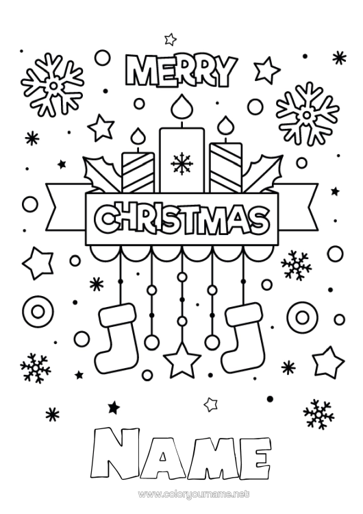 Colouring page to print Candle Christmas Christmas Stocking "Merry Christmas" Message