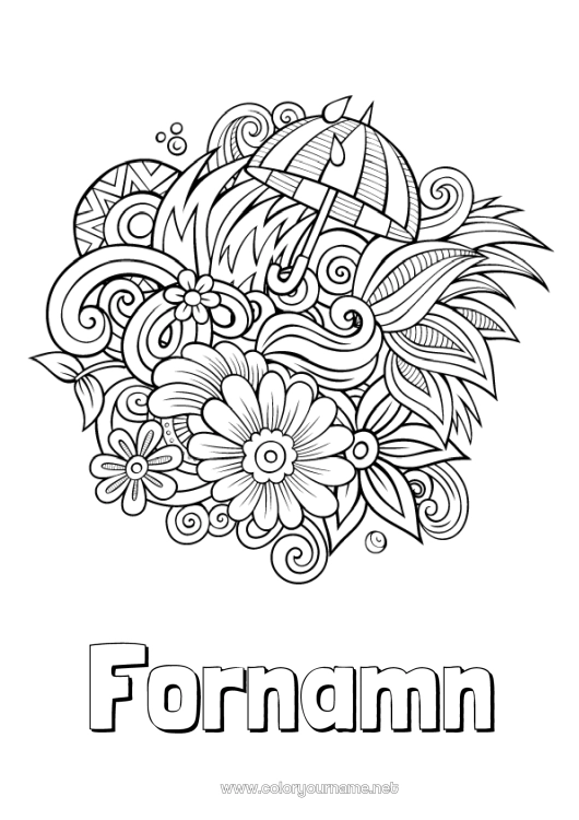 Färgläggningssida att skriva ut Blommor Lugn och zen Vår Paraply Symboler Doodle Antistress