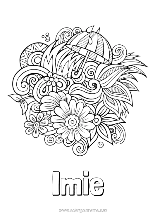 Kolorowanka do wydruku Kwiaty Spokojny i zen Wiosna Parasol Symbole Doodle Antystres