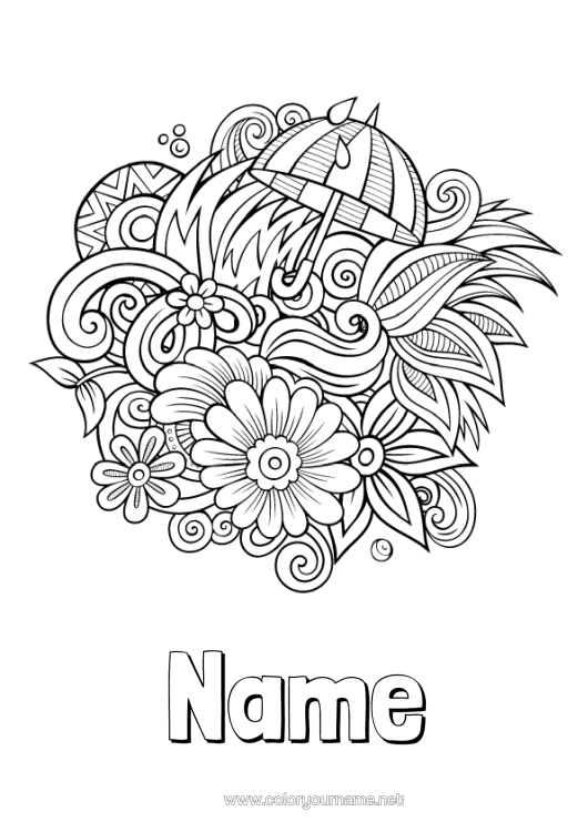 Colouring page to print Flowers Calm And Zen Spring Umbrella Symbols Doodle Anti-Stress