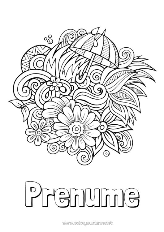 Pagină de colorat de imprimat Flori Liniștit și zen Primăvară Umbrelă Simboluri Doodle Anti-stres