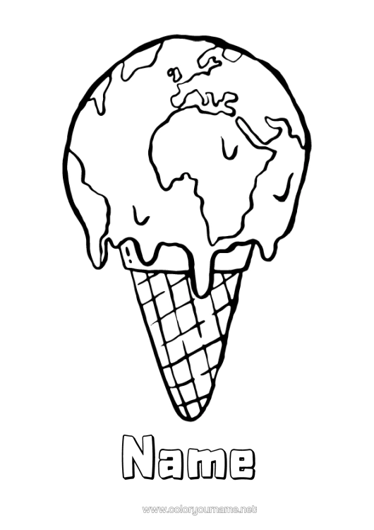 Colouring page to print Ecology Treats, Sweets Ice Cream Earth Earth Day