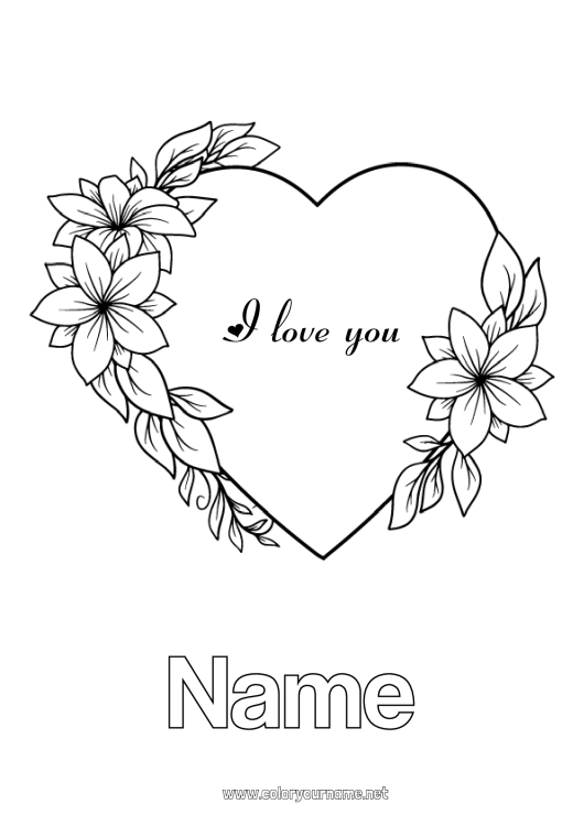 Coloring page to print Flowers Heart Mum Grandma Happy feast day ! I love you Valentine's Day Big heart