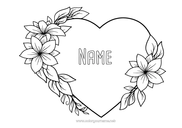 Coloring page to print Flowers Heart Mum Grandma Happy feast day ! I love you Valentine's Day Big heart