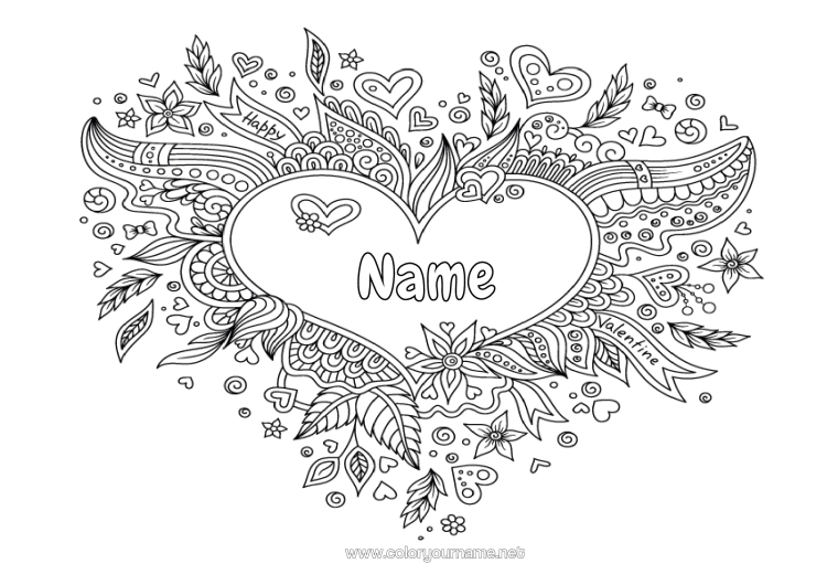 Colouring page to print Flowers Heart Valentine's Day Big Heart Doodle Zentangle