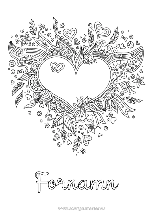 Färgläggningssida att skriva ut Blommor Hjärta Alla hjärtans dag Stort hjärta Doodle Zentangle