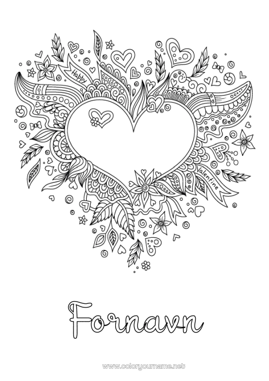 Farvelægningssiden til udskrivning Blomster Hjerte Valentinsdag Stort hjerte Doodle Zentangle