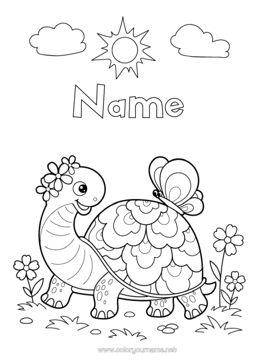 Colouring page to print Flowers Tortoise Sun Butterfly Animal Insects Reptiles Tortoise