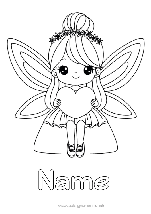 Colouring page to print Heart Tooth Fairy Insects Fairy Dragonfly