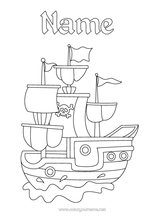 Colouring page to print Pirate Vehicles Boat Sailboat Marine Vehicles