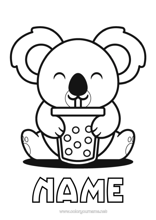 Colouring page to print Cute Animal Koala Drink Other Animals Of The World Bubble Tea Animals Of Australia