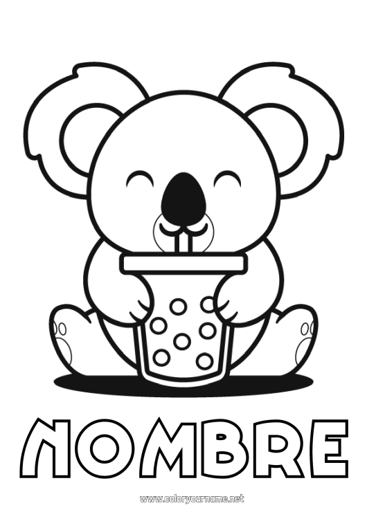 Dibujo para colorear para imprimir Kawaii Koala Bebidas Otros animales del mundo Bubble tea