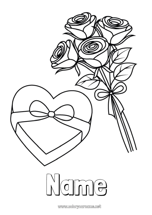 Coloring page to print Flowers Mum Happy feast day ! I love you Valentine's Day Rose Bouquet