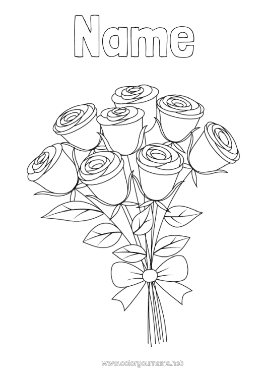 Colouring page to print Flowers Mum Happy Birthday I Love You. Valentine's Day Rose Bunch