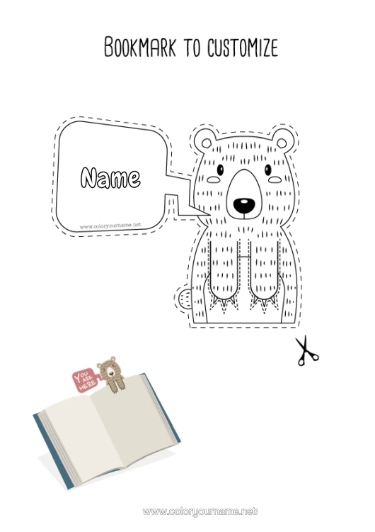 Colouring page to print Bear Animal Bookmark Forest Animals