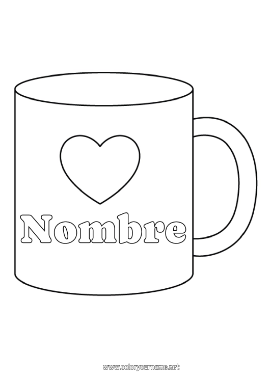 Dibujo para colorear para imprimir Corazón Te amo Taza Niñera Bebidas Dibujos fáciles para colorear