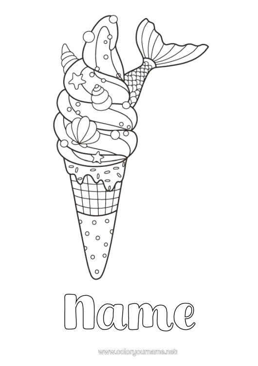 Colouring page to print Siren Treats, Sweets Ice Cream Shellfish Marine Or Aquatic Animals