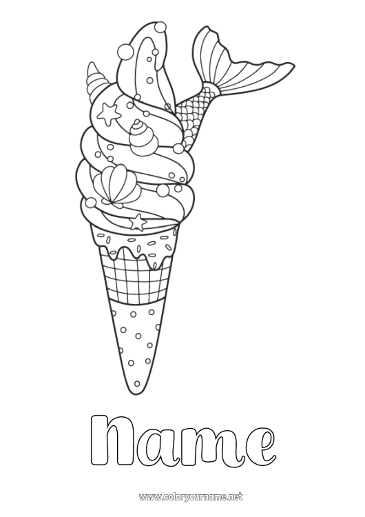 Coloring page to print Mermaid Treats Ice cream Sea Shell Marine or aquatic animals