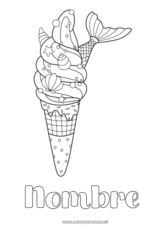 Dibujo para colorear para imprimir Sirena Golosinas Helado Conchas marinas Animales marinos o acuáticos