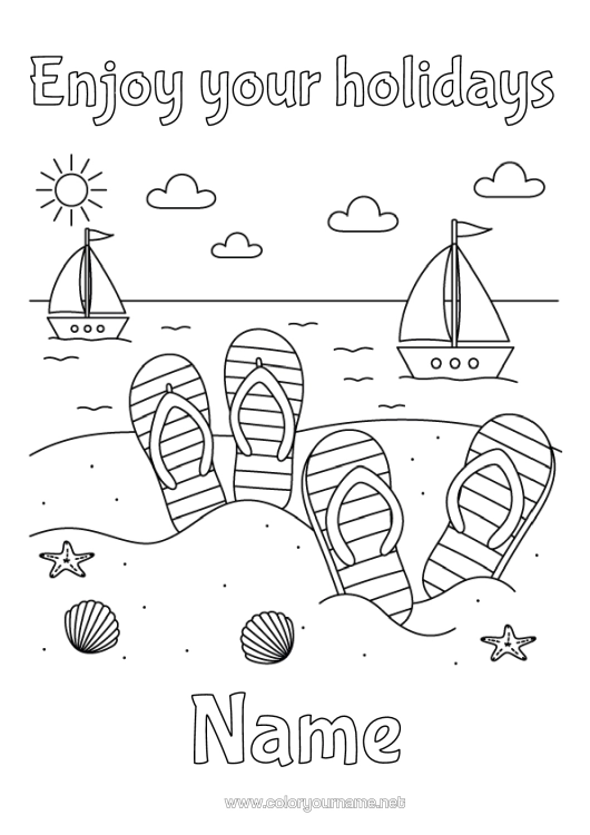 Colouring page to print Holidays Beach Boat Shellfish Tongue Marine Or Aquatic Animals Marine Vehicles
