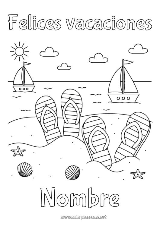 Dibujo para colorear para imprimir Vacaciones Playa Barco Conchas marinas Chanclas Animales marinos o acuáticos Vehículos marítimos