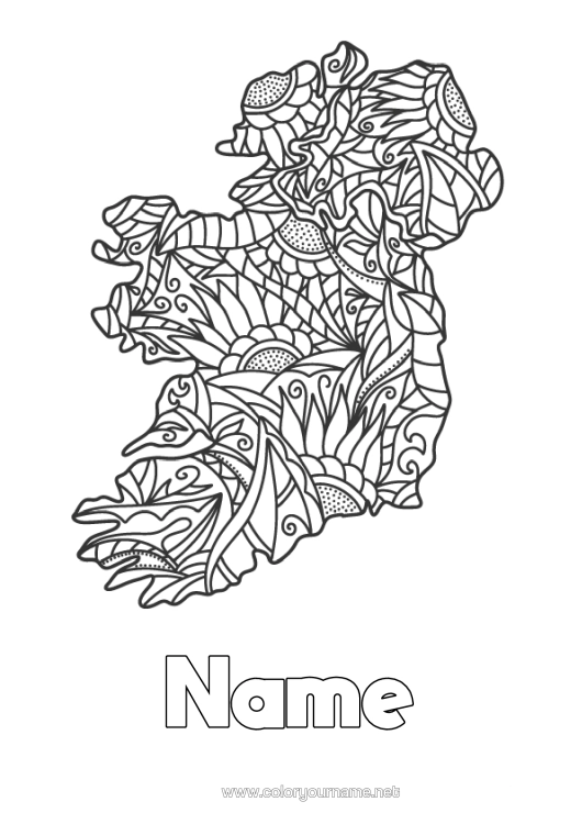 Colouring page to print Ireland Zentangle Map Of Countries